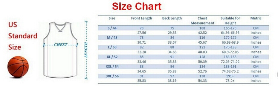 Basketball Jerseys Size Chart