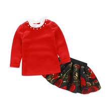 2016Autumn Fashion Children Girls Clothes 2pcs girls clothing sets 2-7Y Petal pearl collar t-shirt+flower rose tutu skirt