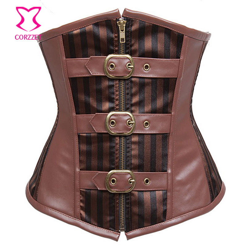 Brown Striped Satin Leather Underbust Corset Steampunk Clothing Women Waist Trainer With Zipper and Buckled Steel