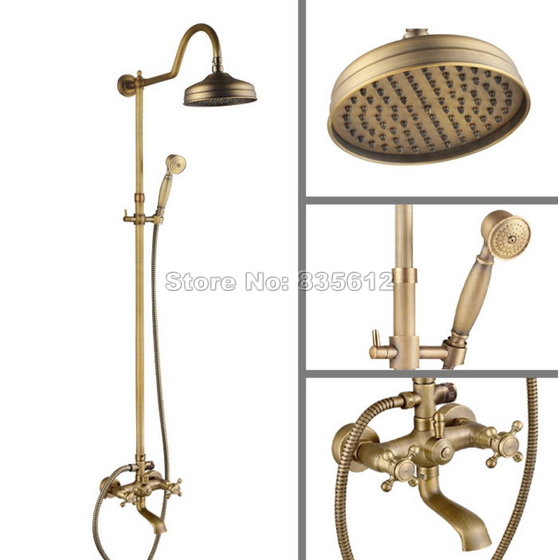 Bathroom Rain Shower Faucet Set W/ 8 inch Shower Head + Dual Cross Handles Wall Mounted Antique Brass Bathtub Mixer Tap Wan822