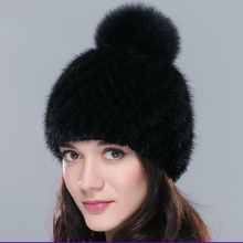 Hot sale real mink fur hat for women winter knitted mink fur beanies cap with fox fur pom poms 2015 brand new thick female cap