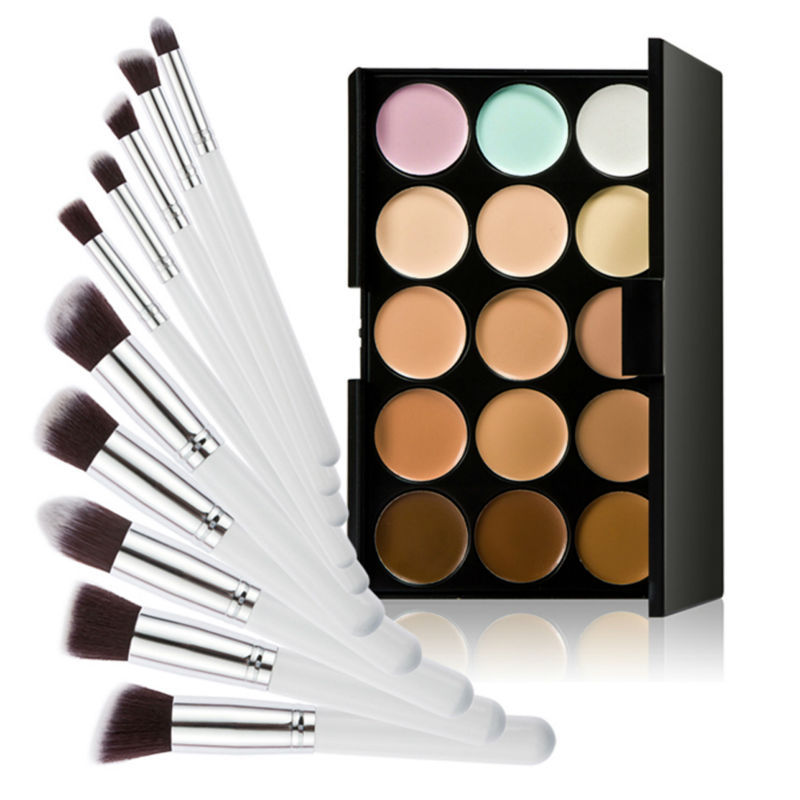 15 Colors Contour Cream Makeup Concealer Palette 10pcs Brush White Silver E5M1