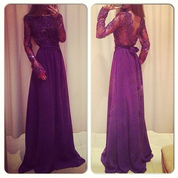 E2790 Elegant Boat Neck Long Purple Chiffon Lace Long Sleeve Prom Dress In Prom Dresses From 7426