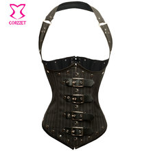 Pinstripe Halter Top Underbust Gothic Corset Black Punk Steel Bone Waist Trainer Vest Corsets with Buckles Burlesque Espartilho