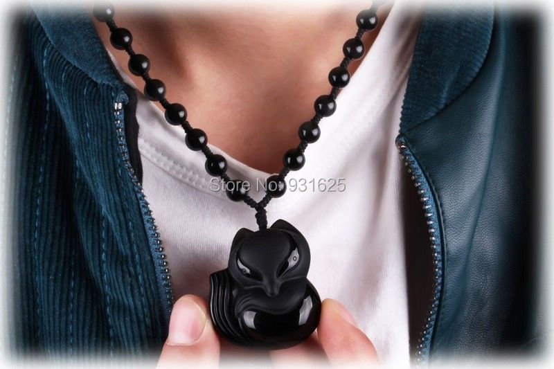 beautiful Black 100% Natural A Obsidian Carved FOX Necklaces pendant beautif -5