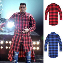 Hip Hop Tyga Cool Mens Tartan Shirts Extend Blue Red Dancing Hiphop Extended Shirts With Gold Zippers For Men AY829