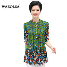 2016 Summer Women Casual Mandarin Collar Chiffon Peasant Blouses Middle Aged Woman Half Sleeve Shirts Mother Green Red Tunic Top