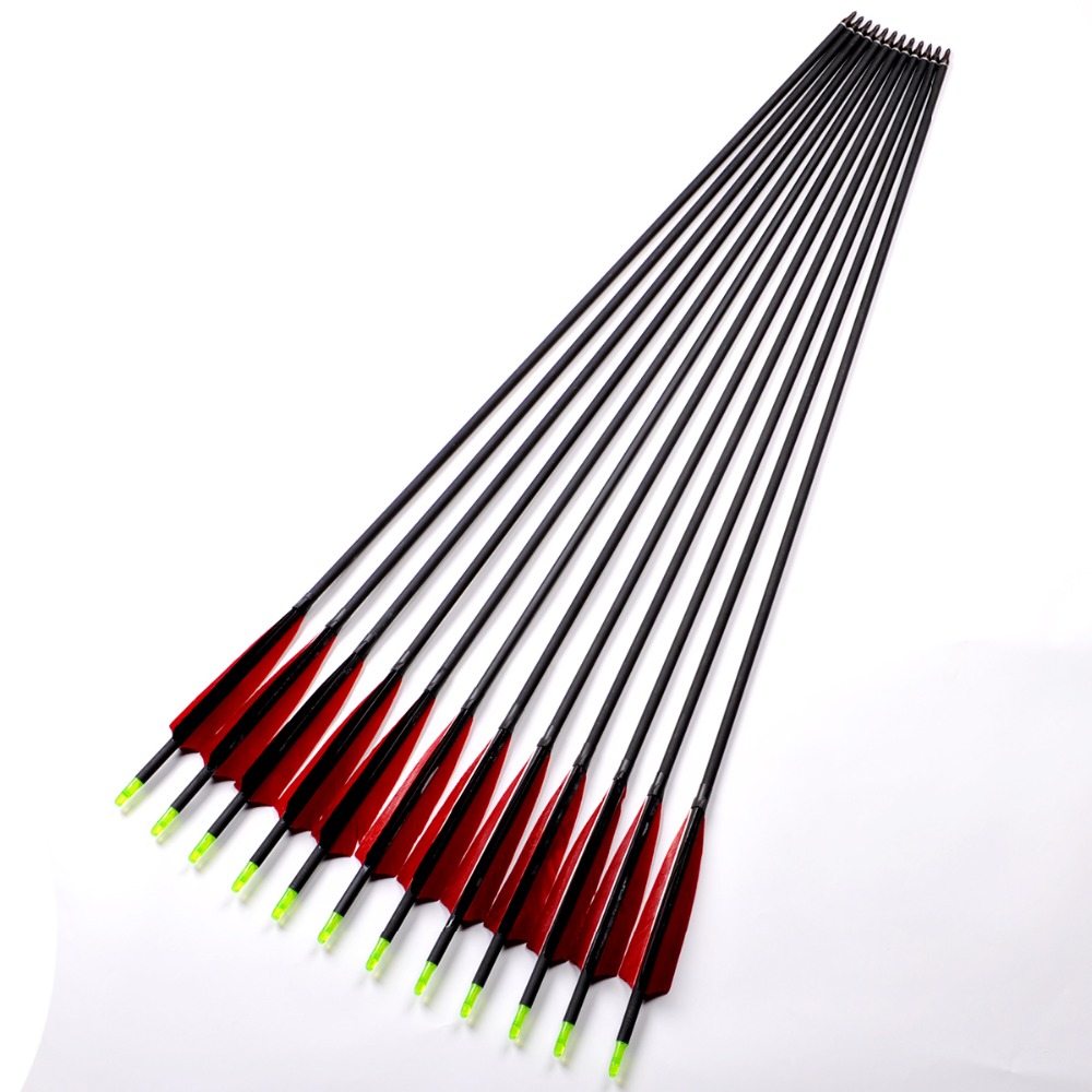 12pcs lot Archery Hunting Mixed Carbon Arrows with Red Black Turkey Feather Replaceable Arrowhead Spine 500