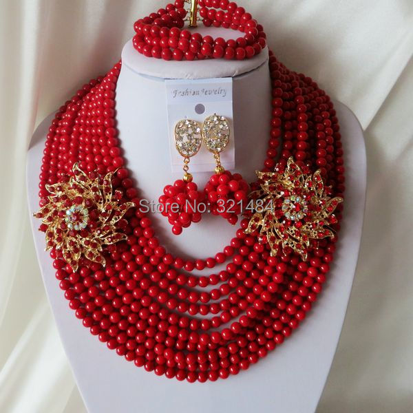 Fashion Nigerian Wedding African Beads Red Coral Beads Jewelry Set Necklace Bracelet Earrings CJS-320