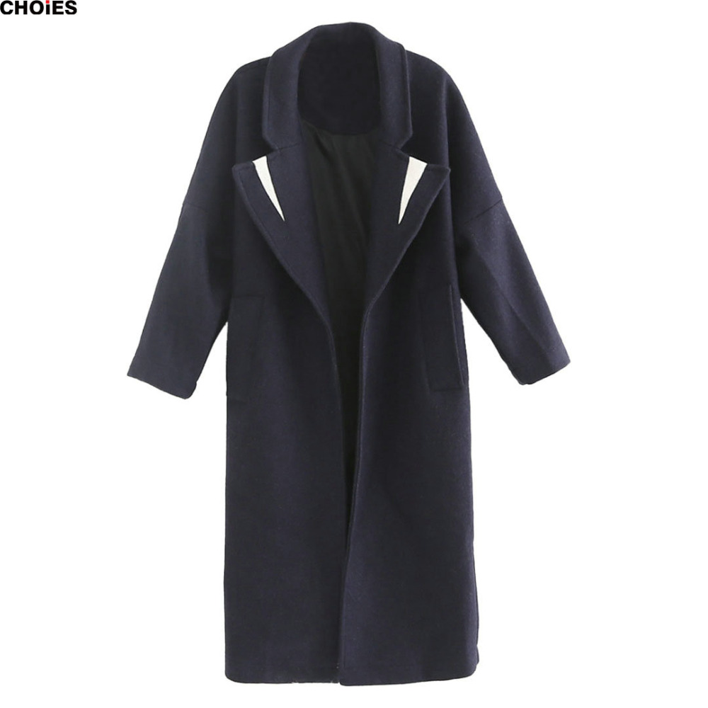 Women Navy Turn Down Collar Single Button Pocket Long Sleeve Detail Longline Woolen Coat 2015 Autumn Winter Brand Warm Outwear