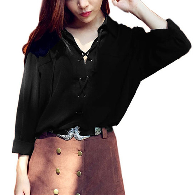 ZANZEA 2018 Women Chiffon Blouse Summer Blusa Turn Down Collar Sexy Deep V Front Lace Up Long Sleeve Shirt Casual Tops Plus Size aeProduct.getSubject()