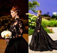 2016 New Black Vintage Gothic Evening Dresses Long Sleeve High Neck Lace Tulle Taffeta A Line Prom Gowns with Sweep Train E67
