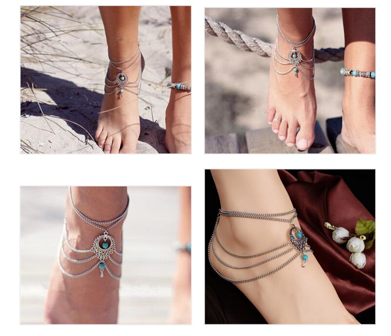 Boho Ethnic Turquoise Beads Anklet Chic Tassel Foot Chain Ankle Bracelet Body Jewelry Anklets For Women