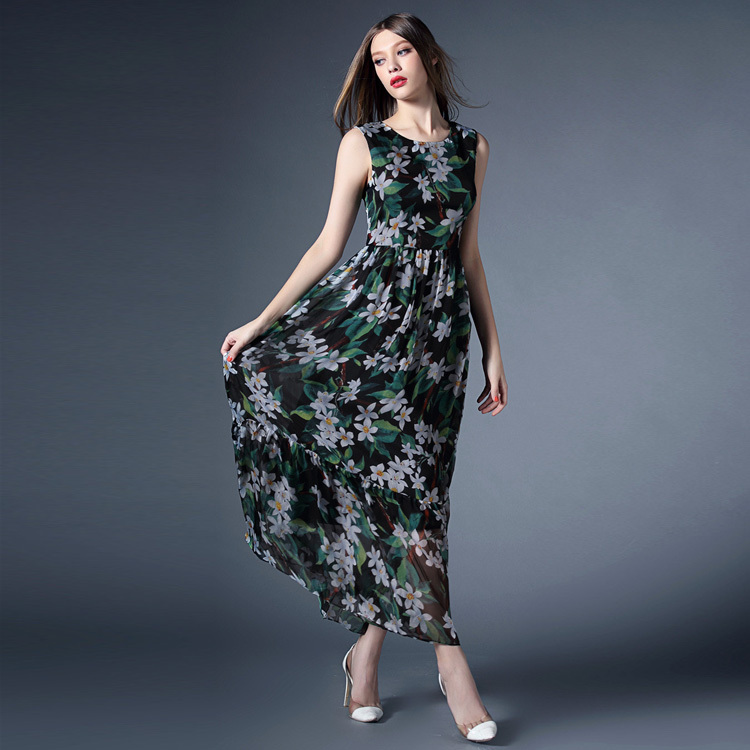 Casual Dresses 2015 Summer New Fashion Europe Brand Desigual Sleeveless Elegant Floral Print Ankle-length Slim Silk Long Dress