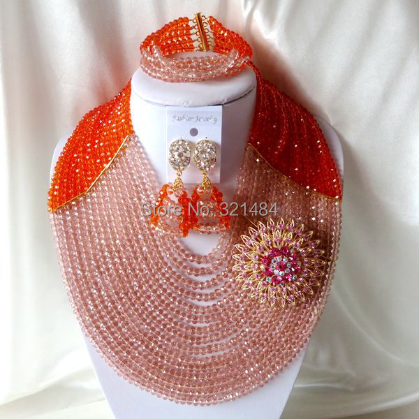 Fashion luxury Nigerian African Wedding Beads Jewelry Set 15 layers Orange Peach Crystal Necklaces Bracelet Earrings CRB-1081