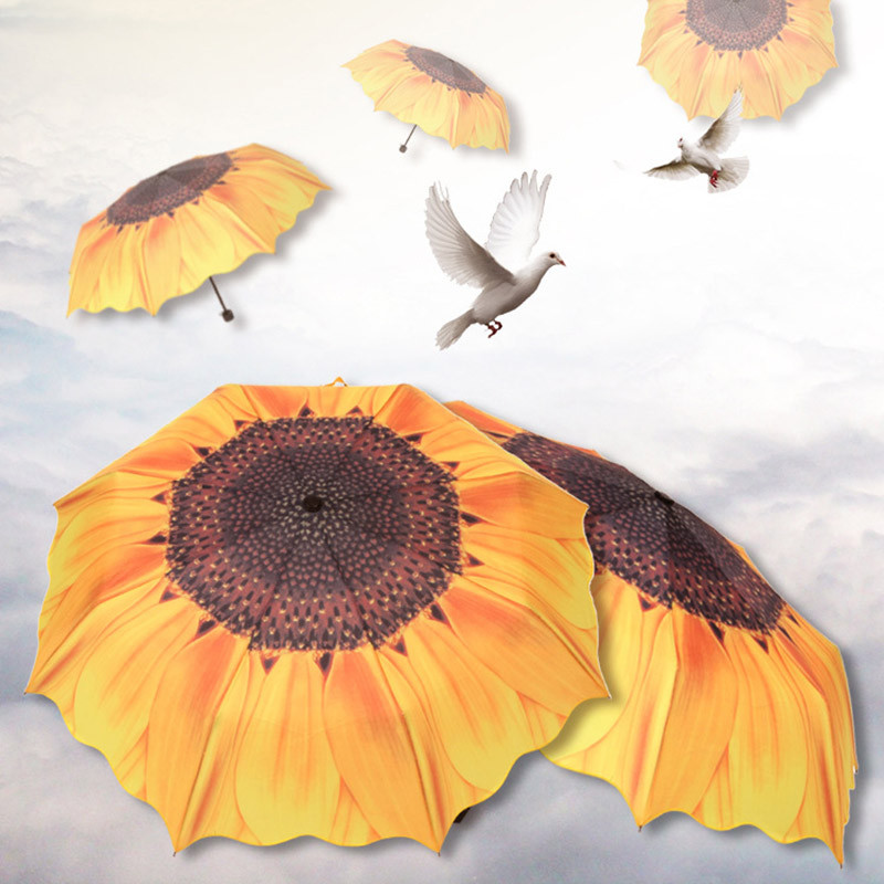 Sunflower Umbrella Rain Women Three Folding Sunny Rainy Non-automatic Pongee Anti UV Parasol Female Umbrella Light Umbrellas (6)