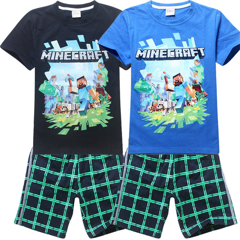 New 2015 brand cartoon children clothing set plaid kids shorts t shirts boys 2pcs sport suit