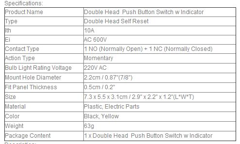 Description Picture 2 of itemAPBB-22&25N Self Reset Start-stop Double Pushbuttons Switch NO NC With LED Lamp 22mm