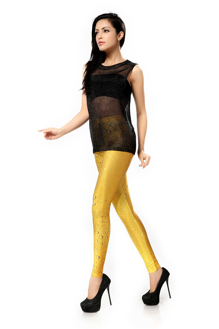 2015 New Women Sportwear Running Tall Waist Exercise Trousers Leggings Water Drip Yellow Print Leggings Fitness