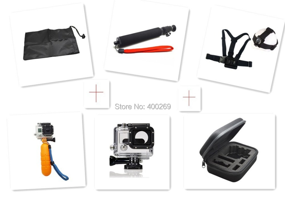 Combine sales for GOPRO Waterproof Case+Bag for Gopro+Monopole for Gopro+chest band with head band+Floaty bobber+collection box