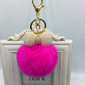 Pearl decoration rhinestone rex rabbit fur ball pompom key chains bowknot key ring holder for women