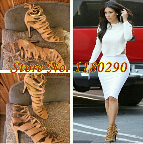 2015 Top Brand Women Peep Toe Suede Leather Lace-up Gladiator Sandals Cut-out High Heel Sandals Party Shoes