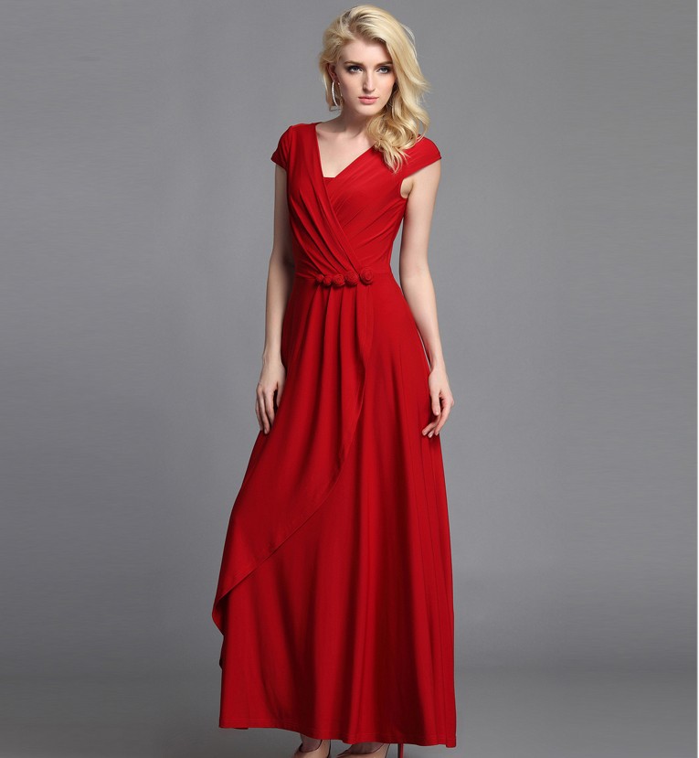 2014 New womens red formal dress long dress sexy V neck irregular maxi dress plus size mopping the floor shirt sleeve dress