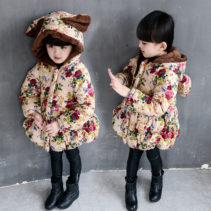 Kids 2015 new child baby girls Dongkuan thick cotton jacket floral cotton jacket and long sections