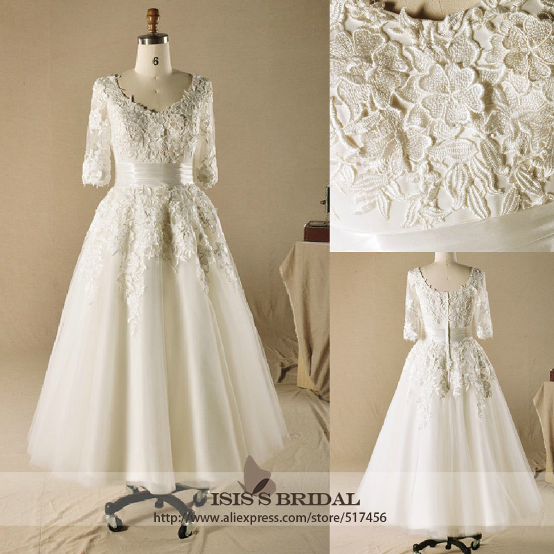 sleeve tea length champagne plus size wedding gowns Bridal dress 