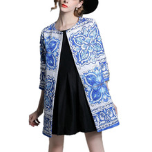 2016 Autumn Retro Palace Blue And White Porcelain Floral Print Medium long Trench Coat Women’s 3/4 sleeve Coat Outerwear Tops