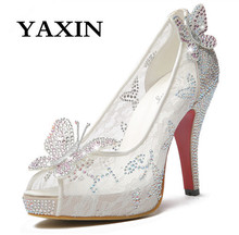 Lace High Thin Heeled Ladies Wedding Shoes Rhinestone Peep Toe Women’s Wedding Pumps Platform Butterfly Cinderella Crystal Shoes