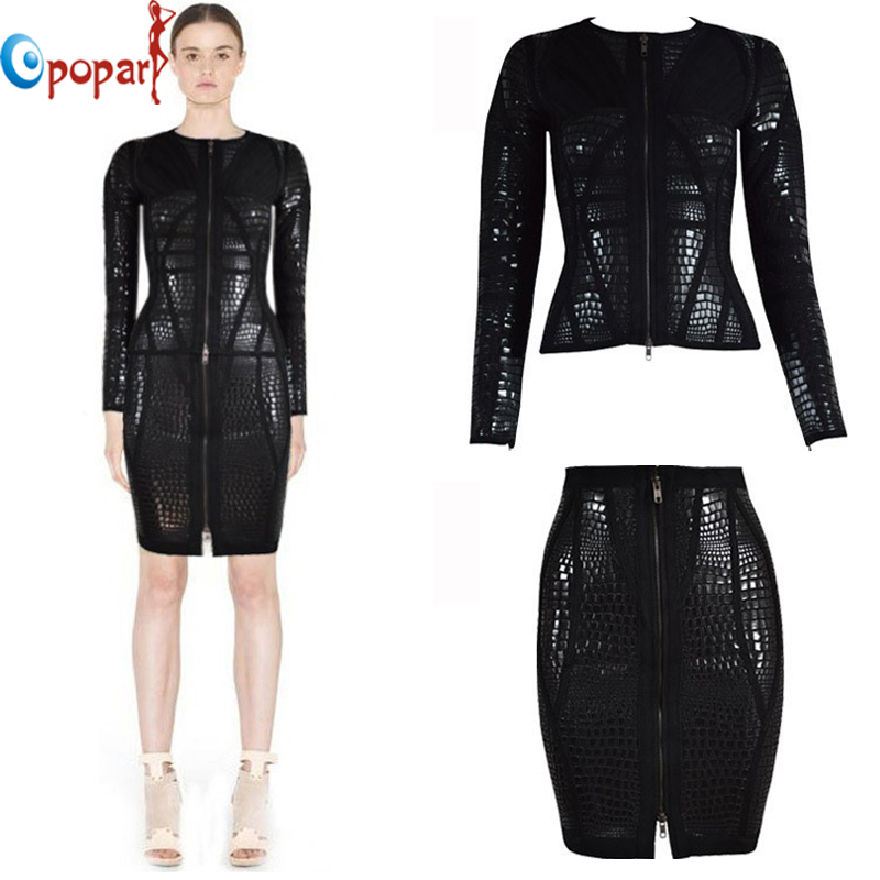 New arrival full sleeve two pieces sets sexy bandage dress women zipper front black grey pink snake print party winter HL368