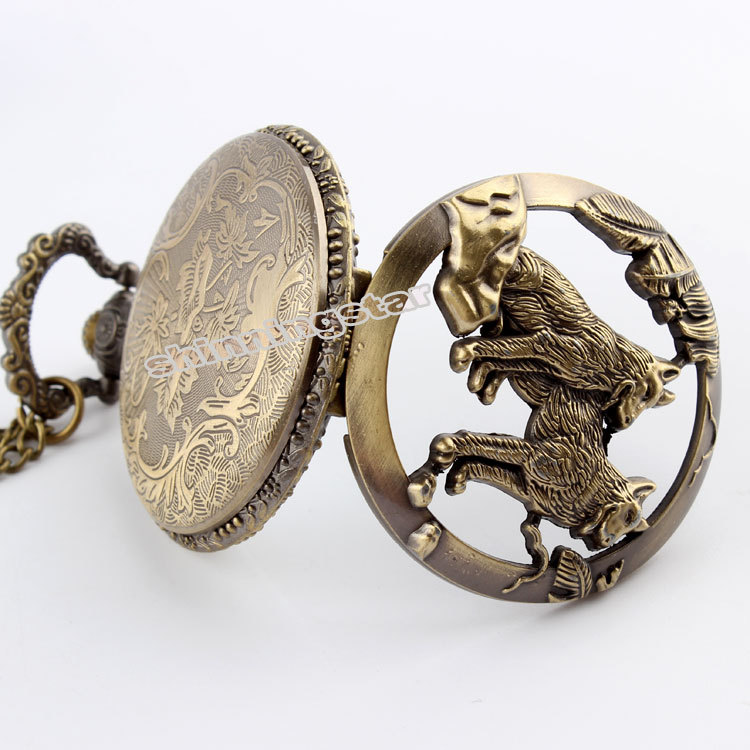 Free shipping Bronze Wolf Hollow Quartz Pocket Watch Necklace Pendant Women Men s Gifts P256