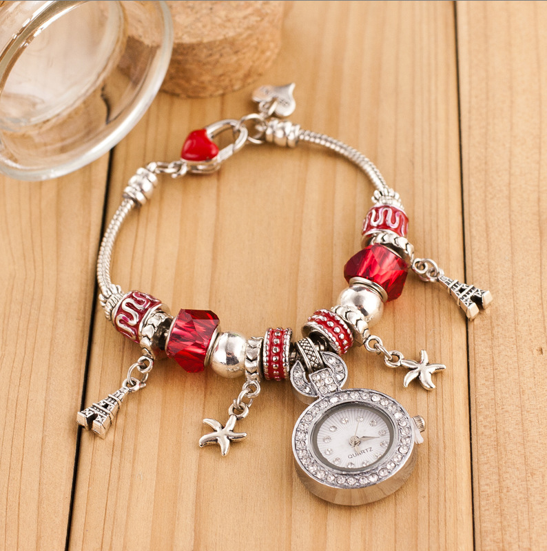 Wholesale Multi Charms Bracelet Watch Fashion Lady Quartz Crystal jewelry Wrist watches ladies dressHot Sale