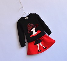 z6 Girl kid Queen High heeled Shoes Cartoon Embroidery blouse and Skirt terno roupa 2pcs set