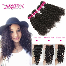 6A Virgin Brazilian Deep Wave With Closure Remy Queen Hair Brizilian Virgin Hair With Closure Brazilian 3 Bundles With Closure