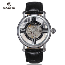 2014 de lujo Relogio Masculino de la marca Original Skone esqueleto relojes mecánico mujeres reloj reloj genuino cuero impermeable hodinky