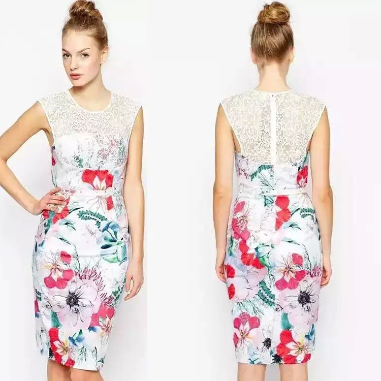 Plus Size XXL 2015 Summer New Fashion Brand Lace Patchwork Flower Print Dress Sleeveless Knee-Length Dresses Women