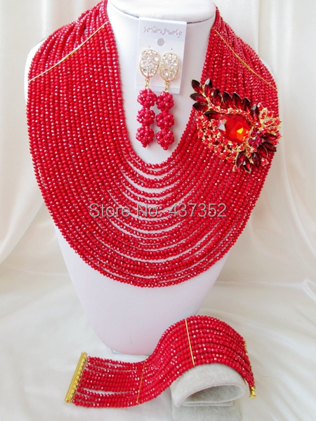 Multi Layer Necklaces For Women Opaque Red Crystal costume jewellry nigerian wedding african beads jewelry set ABC586