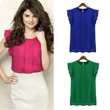 New Womens Blouses Summer Short Sleeve Chiffon O-neck Ruffled Pleated Sleeve Chiffon Shirt Top Women’s Tee Tops