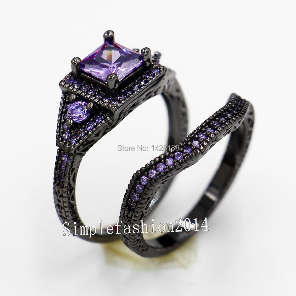 Black and purple wedding ring set