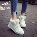 2016 Korean Winter Shoes Chunky Sole PU Plush Lace Up White Women Sneakers Flat Sport Casual
