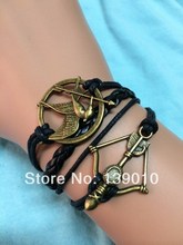 Free Shipping!6PCS/LOT!Hand-woven Black Leather Wax Cord Arrow Hunger Game Bird Charm Bracelet Fashion Men Alloy Jewelry C-189