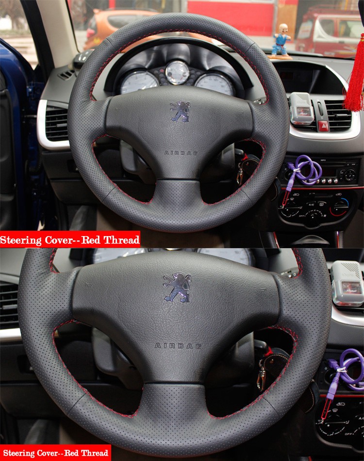 Free Shipping Black Leather Hand-stitched Car Steering Wheel Cover for Peugeot 206 207 Citroen C2 
