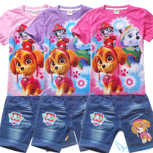 Kids Cute Dog Paw Clothes Set 2016 Summer Baby Girls Cartoon Clothing Sports Suit Kids Costume Short Sleeve T Shirt+Jean Pant