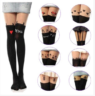 2015 hot sale Women Pantyhose lady Sexy Personality silk Stocking tattoo devil kitty cat thin Stitching Knee Boots Nylon Tights