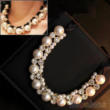 Hot Double Row Chunky Adjustable Ribbon Chain Diamante Choker Pearl Necklace for women 00QD