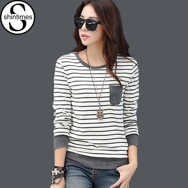 Camisas Femininas 2016 Зима С Длинным Рукавом Футболка Женщин Майка Женщин Топы Poleras Де Mujer Полоса Футболка Blusa Vetement Femme