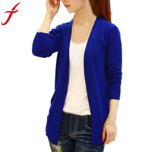 Feitong Women Candy Color Irregular Hem Long Sleeve Slim Thin Women Knitted Cardigan Sweater Blouse Tops