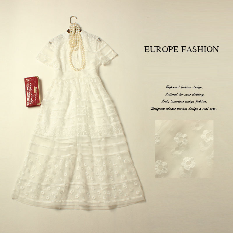 White Long Dress For Woman 2016 Summer Royal Short Sleeve Embroidery Mid-Calf Brand Mesh Big Swing High-end A-line Fashion Dress